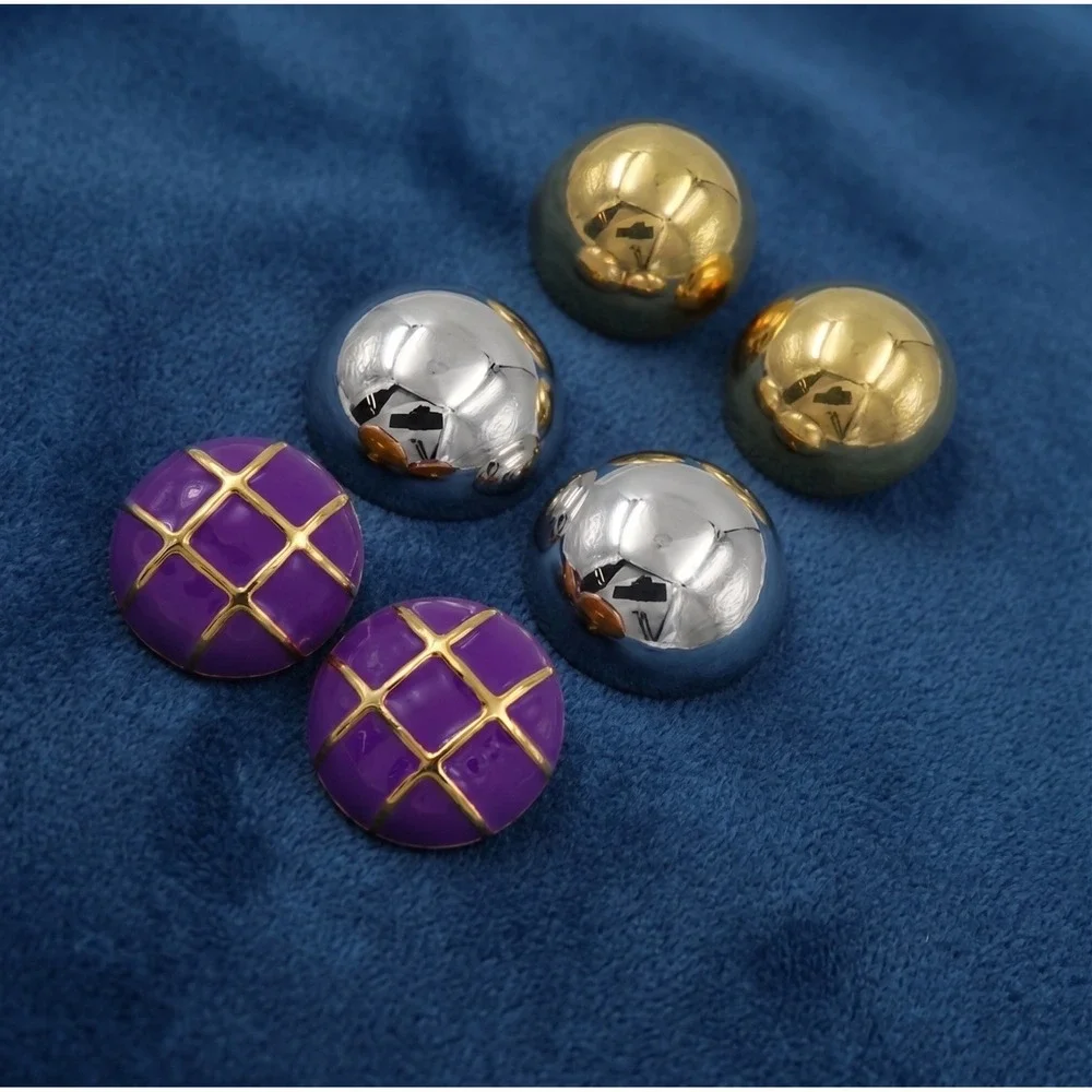 VTG Mod Half Ball Dome Earrings Lot Gold Silver Tone Purple Unmarked and Coro